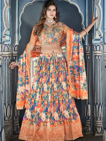 Sky Color Crushed Chinon Lehenga Choli With Digital Print with Sequins Embroidery Work