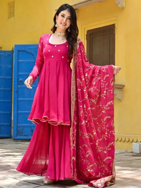 Pink Color Top and Palazzo Suit in Georgette With Heavy Embroidery Dupatta