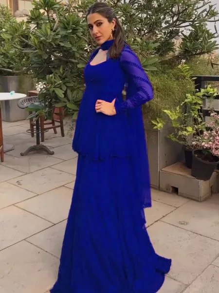 Sara Ali Khan Top Sharara Suit in Royal Blue Georgette With Beautiful Embroidery Work