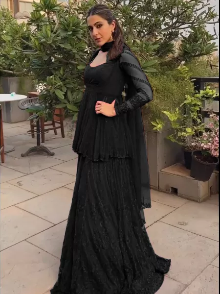 Sara Ali Khan Top Sharara Suit in Black Georgette With Beautiful Embroidery Work