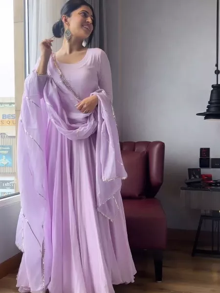 Lavender Color Georgette Gown With 8 Meter Big Flair and Dupatta Indian Gown