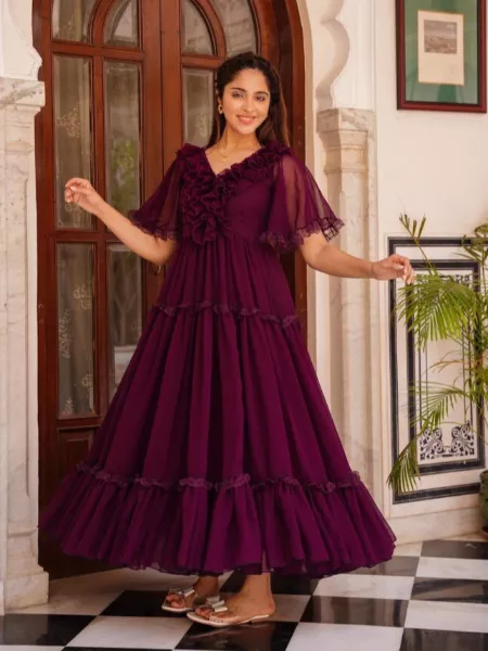 Purple Color Georgette Gown With 6 Meter Big Flair and Fancy Sleeves