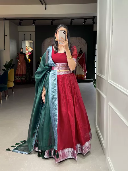 Red Color Lehenga Choli in Dupion Silk With Zari Weaving Work and Dupatta