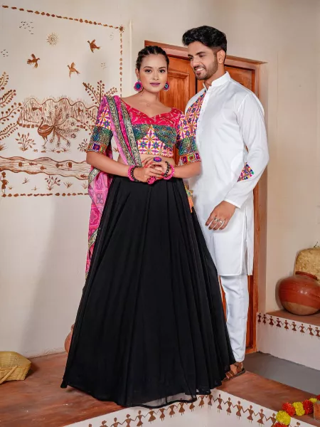 Navaratri Chaniya Choli and Men's Kurta Pajama Set Navaratri Couple Combo Navratri Lehenga in Black