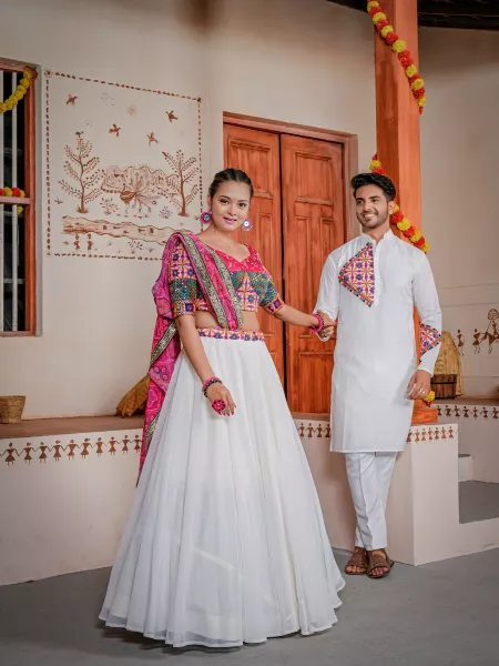 Navaratri Chaniya Choli and Men's Kurta Pajama Set Navaratri Couple Combo Navratri Lehenga in White