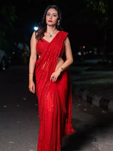 Red Color Saree With Sequence Work in Mono Net With Heavy Work Blouse Party Wear Saree