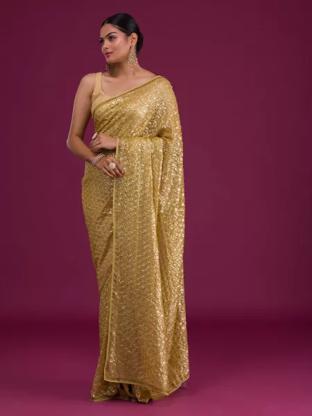 Yellow Color Sequence Saree in Georgette With Swarovski Diamond Work Party Wear Saree