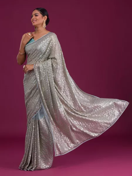 Sky Blue Color Sequence Saree in Georgette With Swarovski Diamond Work Party Wear Saree