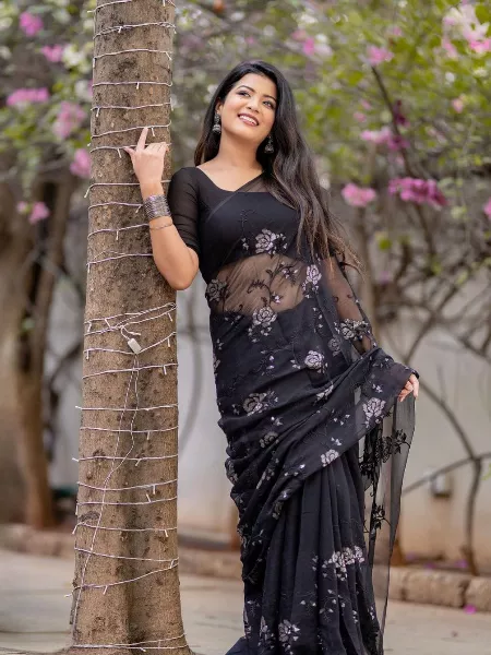 Black Color Indian Designer Saree With Sequence Embroidery in Georgette