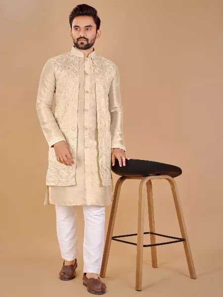 Peach Color Men's Kurta Pajama Set With Attached Jacket and Embroidery Work