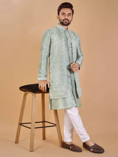 Light Green Color Men's Kurta Pajama Set With Attached Jacket and Embroidery Work