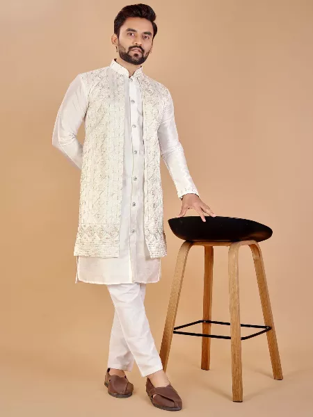 White Color Men's Kurta Pajama Set With Attached Jacket and Embroidery Work