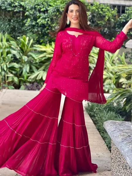 Hot Pink Designer Top Sharara Suit With Beautiful Embroidery in Georgette