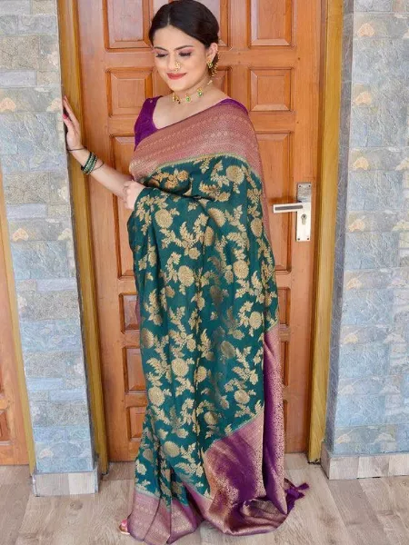 Green Color Banarasi Silk Saree With Purple Border and Zari Weaving Work 