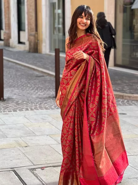 Red Color Banarasi Silk Saree With Brocade Blouse and Zari Weaving Work