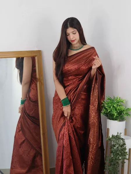 Maroon Color Banarasi Silk Saree With Brocade Blouse and Zari Weaving Work