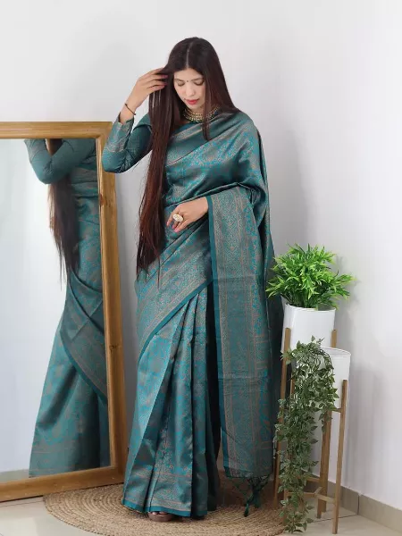 Rama Color Banarasi Silk Saree With Brocade Blouse and Zari Weaving Work