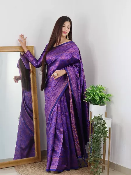Purple Color Banarasi Silk Saree With Brocade Blouse and Zari Weaving Work