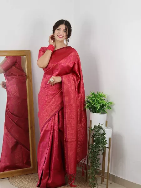 Gajari Color Banarasi Silk Saree With Brocade Blouse and Zari Weaving Work
