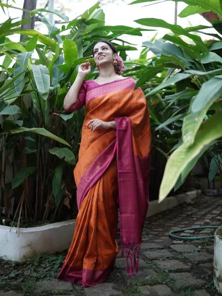 Orange Color Banarasi Silk Saree With Brocade Blouse and Zari Weaving Work