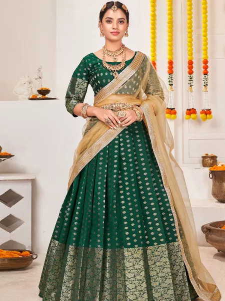 Green Color Pavadai Thavani in Banarasi Fabric South Indian Lehenga Choli