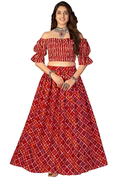 Red Moscow Silk and Bandhani Printed Lehenga Choli for Party and Function