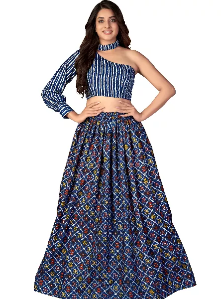 Blue Moscow Silk and Bandhani Printed Lehenga Choli for Party and Function