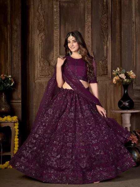 Wine Color Wedding Lehenga Choli in Net With Sequence Embroidery Work