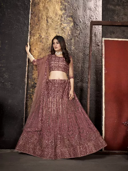 Brown Color Wedding Lehenga Choli in Net With Sequence Embroidery Work