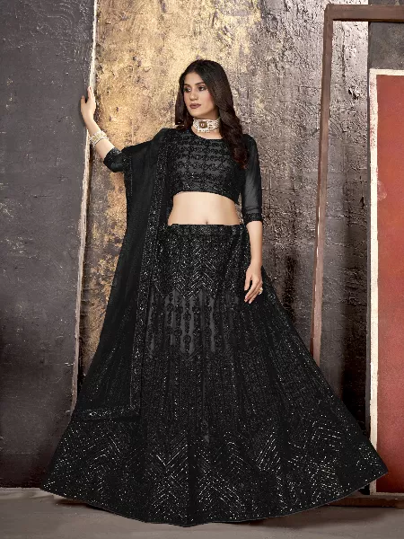 Black Color Wedding Lehenga Choli in Net With Sequence Embroidery Work