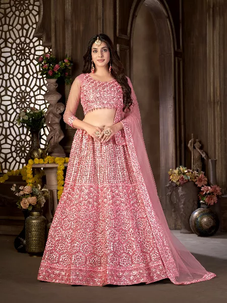 Pink Color Wedding Lehenga Choli in Net With Heavy Sequence Embroidery Work Bridal Lehenga