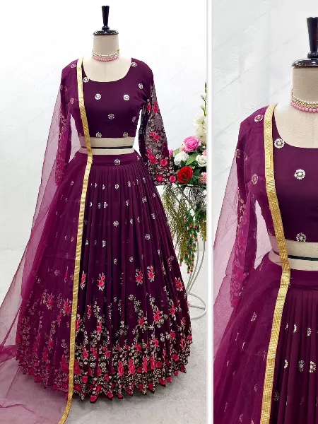 Wine Color Designer Lehenga Choli With Sequence Embroidery Work and Readymade Blouse