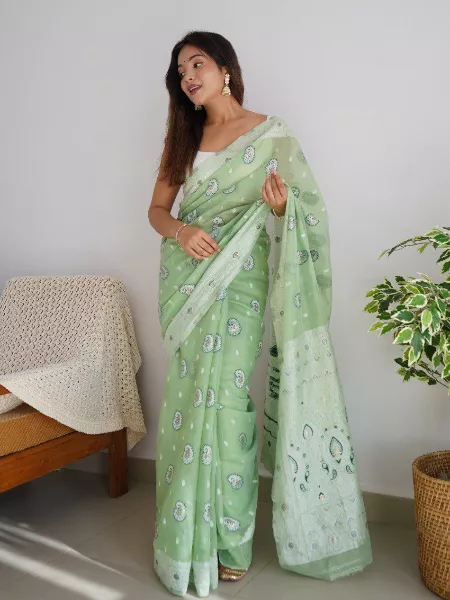 Light Green Soft Linen Saree With Lucknowi and Zari Weaving Work Indian Sari