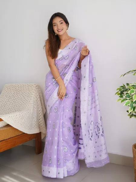 Lavender Soft Linen Saree With Lucknowi and Zari Weaving Work Indian Sari