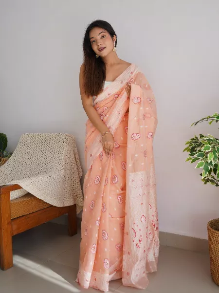 Peach Soft Linen Saree With Lucknowi and Zari Weaving Work Indian Sari