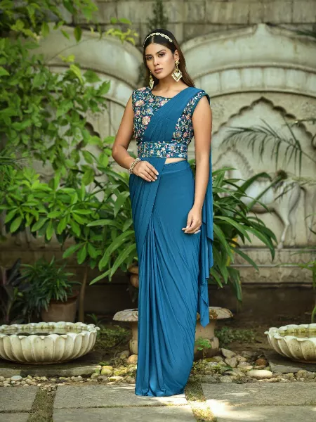 Blue Ready to Wear Stitched Lycra Saree With Heavy Embroidery Multi Sequins Work Blouse