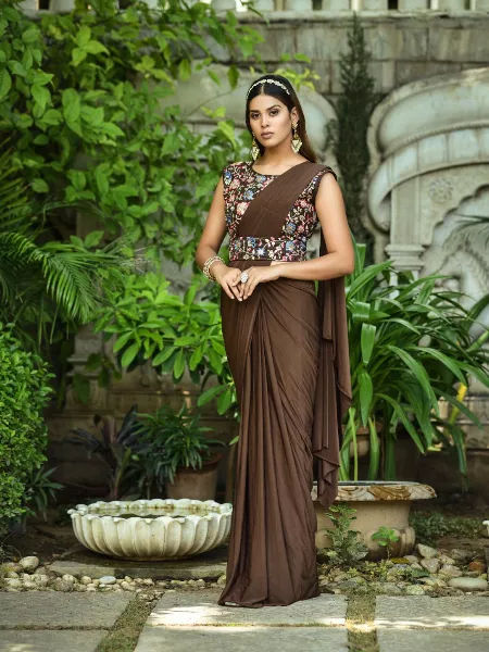 Brown Ready to Wear Stitched Lycra Saree With Heavy Embroidery Multi Sequins Work Blouse