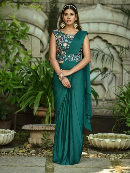 Green Ready to Wear Stitched Lycra Saree With Heavy Embroidery Multi Sequins Work Blouse