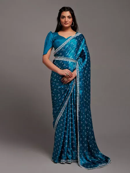 Rama Color Satin Silk Saree With Blouse and Embroidery Work Belt and Lace