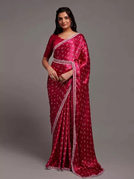 Rani Pink Color Satin Silk Saree With Blouse and Embroidery Work Belt and Lace