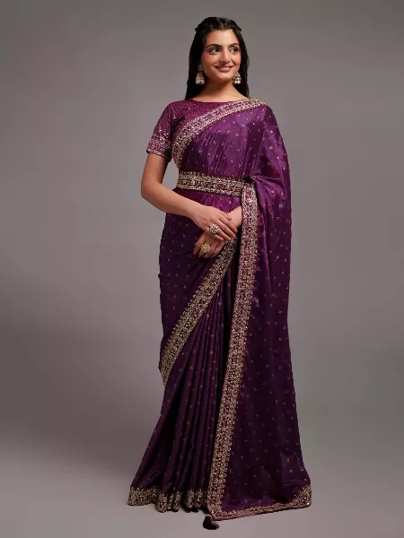 Wine Color Bridesmaid Saree in Chinon Silk With Heavy Sequence Blouse