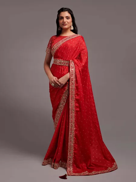 Red Color Bridesmaid Saree in Chinon Silk With Heavy Sequence Blouse
