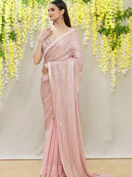 Peach Party Wear Bollywood Style Double Sequence Work Saree With Work Blouse