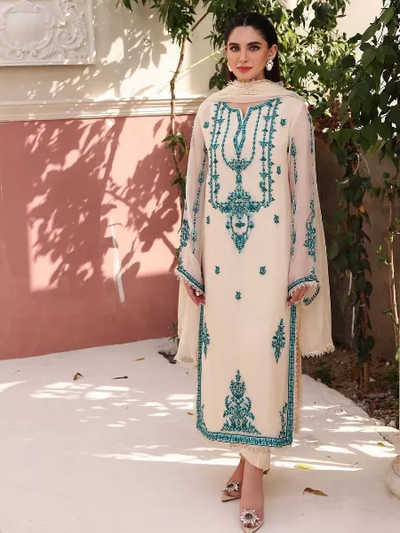 Cream Color Designer Party Wear Salwar Kameez Set With Embroidery Work