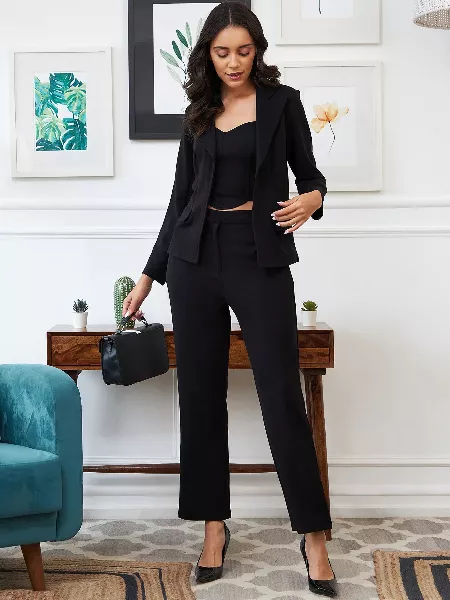 Black Color 3 Piece Jacket Top and Trouser Co-Ord Set in Lycra for Office and Party Wear