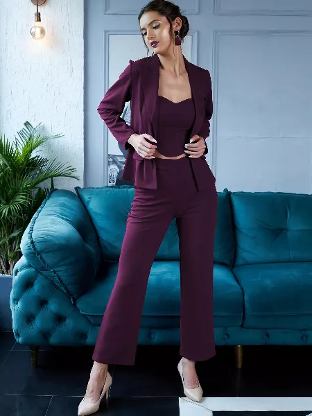 Wine Color 3 Piece Jacket Top and Trouser Co-Ord Set in Lycra for Office and Party Wear