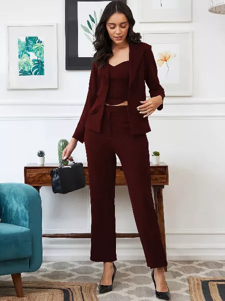 Coffee Color 3 Piece Jacket Top and Trouser Co-Ord Set in Lycra for Office and Party Wear