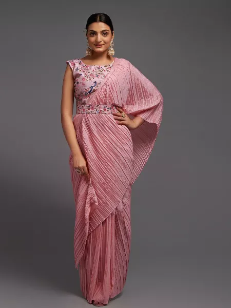 Light Pink Color Women Crush Chinon Saree With Heavy Multi Sequins Work Blouse and Waist Belt