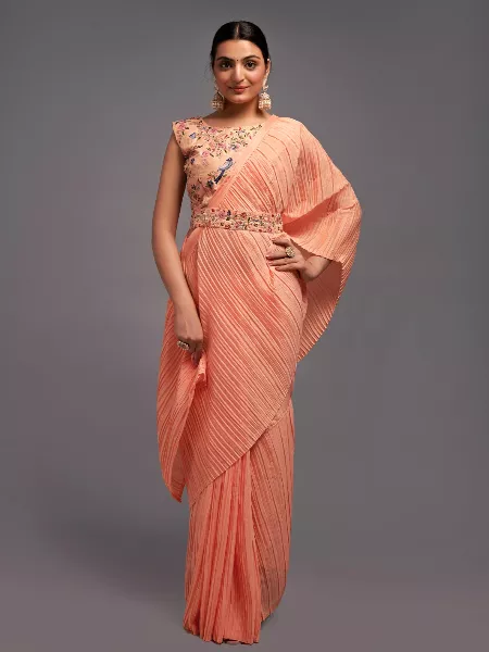 Orange Color Women Crush Chinon Saree With Heavy Multi Sequins Work Blouse and Waist Belt