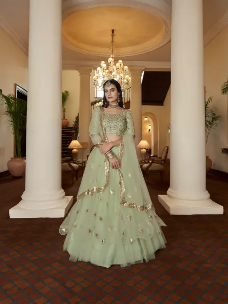 Pista Net Sequins Work Umbrella Flair Bridal Lehenga Choli for Wedding Lehenga